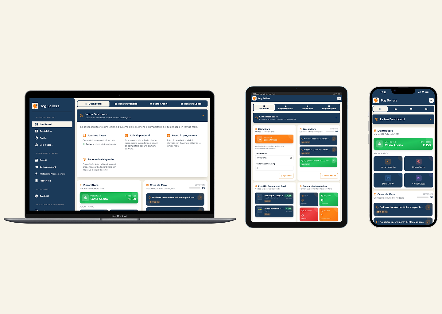 Software gestionale TcgSellers - Dashboard responsive per negozi TCG con gestione store credit, tornei e app giocatori su desktop, tablet e mobile