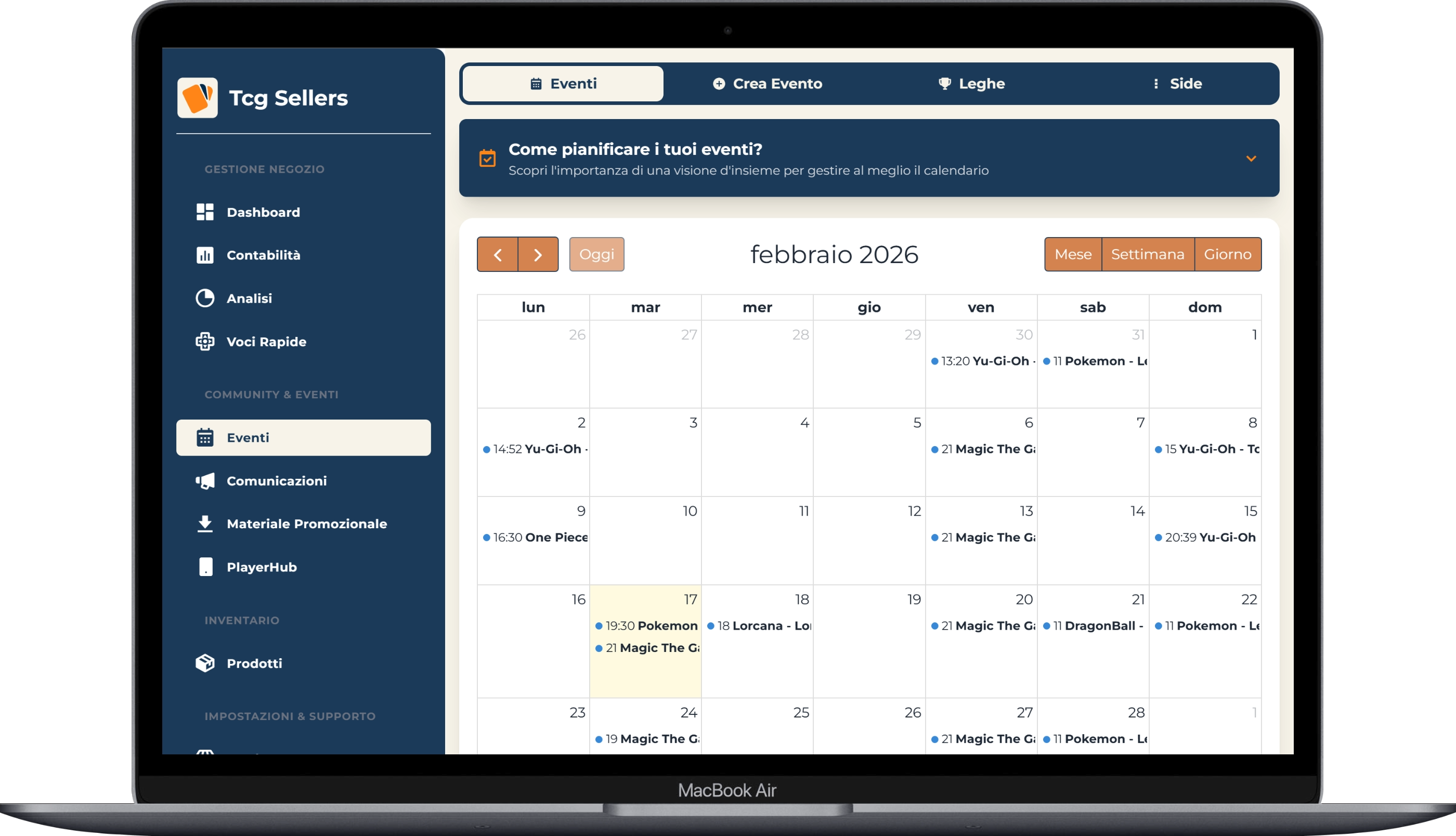 Calendario eventi TcgSellers - Magic, Pokemon, Yu-Gi-Oh, One Piece, Lorcana, DragonBall