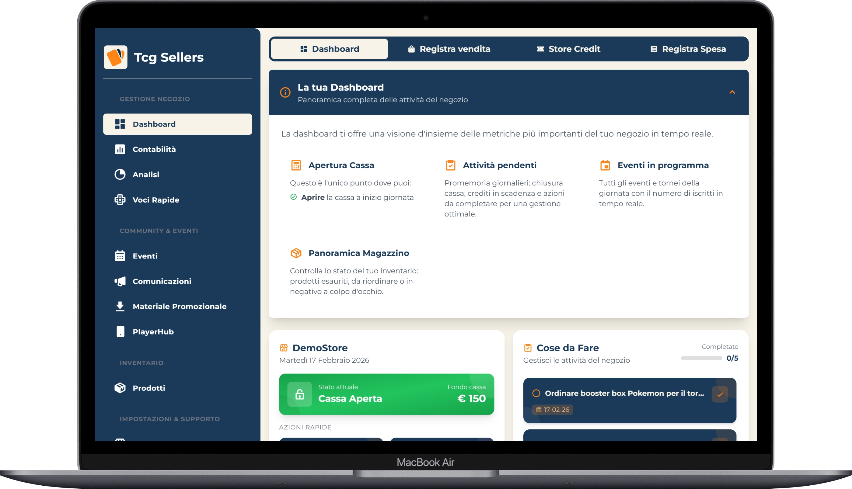 Dashboard TcgSellers - Panoramica completa con task, eventi e cose da fare